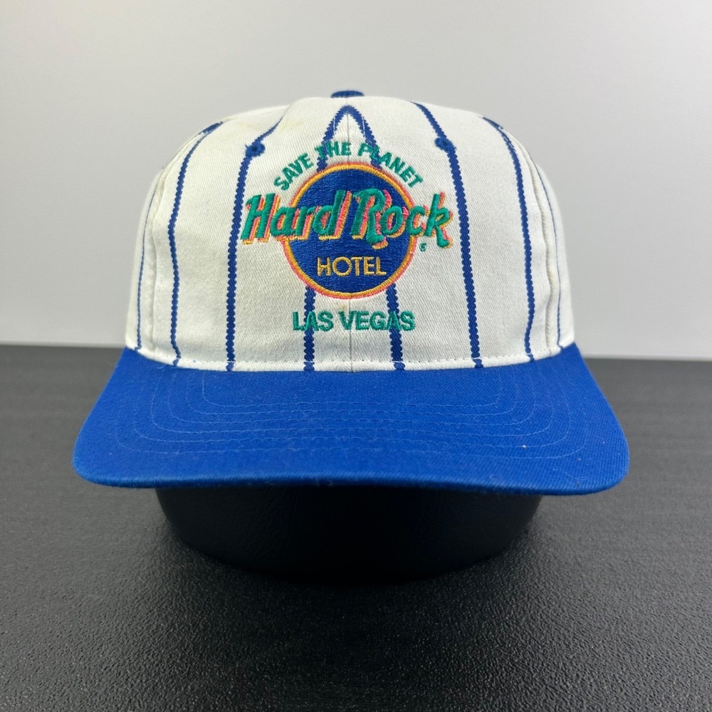Vintage 90s Hard Rock Cafe Hat Cap Snap Back Adjustable White Striped Las Vegas